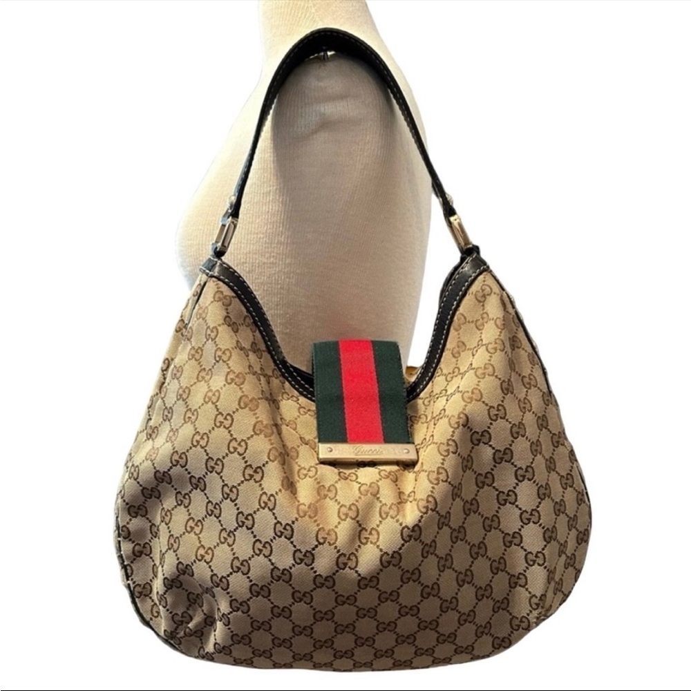 Gucci Tan and Green Hobo Bag with Signature Webbing